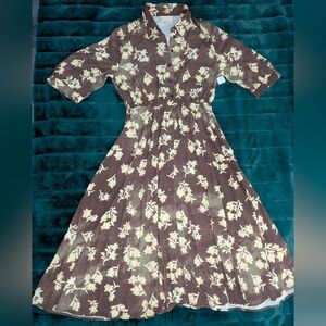 Melloday Brown Floral Button-Front Midi Dress - Size L (NWT) MSRP $89
